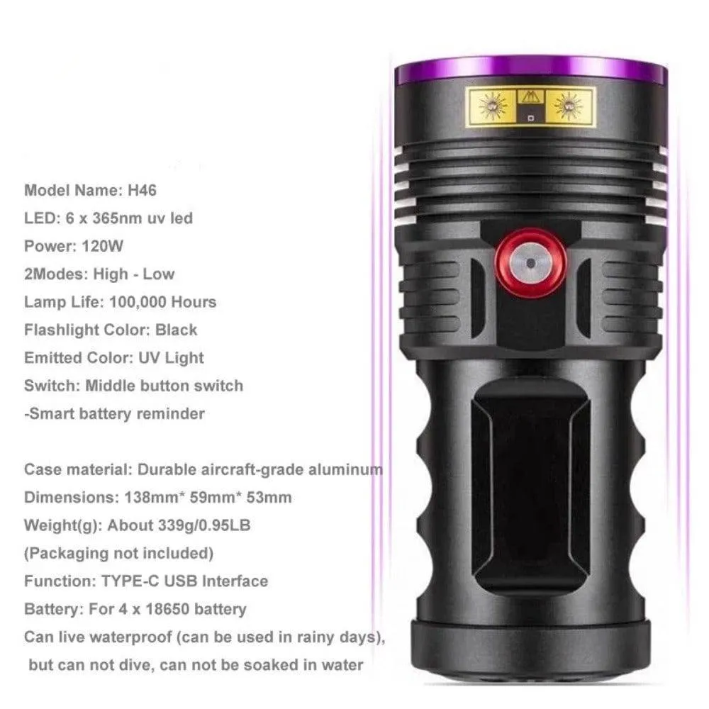 120W UV Flashlight Rechargeable Waterproof 18650 Purple Light Blacklights UltraViolet Light Torch For Pet Urine Stains Detector