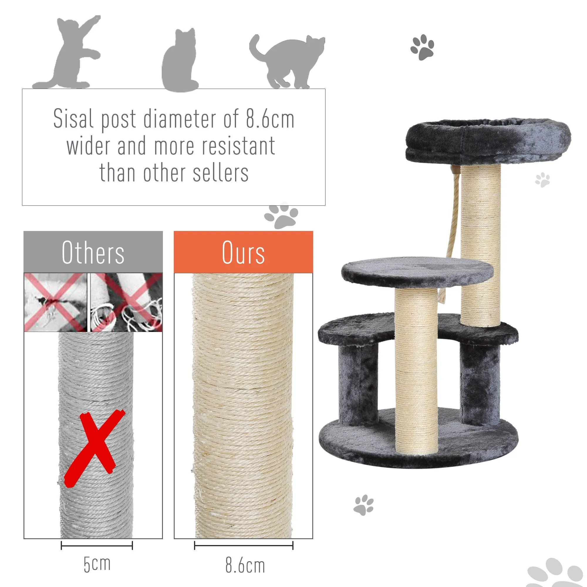 65 cm Cat Tree for Indoor Cats Kitty Scratcher Kitten Activity Center Scratching Post Playhouse 2 Perch w/ Hanging Sisal Rope Grey