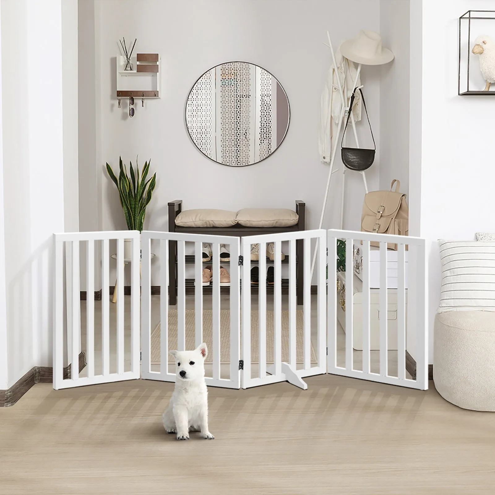 Alopet Wooden Pet Gate Dog Fence Safety Stair Barrier Security Door 4-Panel 80cm