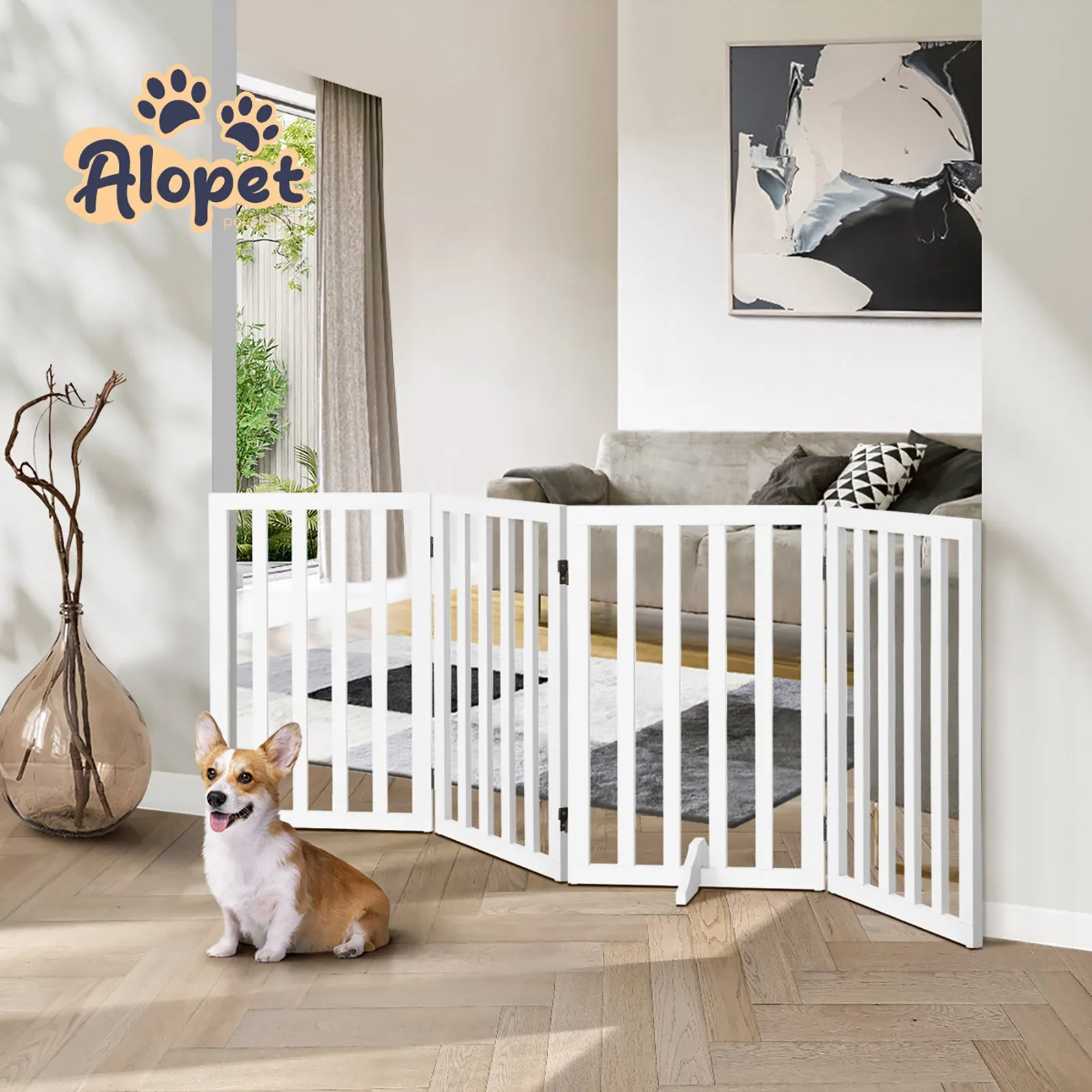 Alopet Wooden Pet Gate Dog Fence Safety Stair Barrier Security Door 4-Panel 80cm