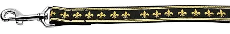 Black And Gold Fleur De Lis Nylon Dog Leash 3-8 Inch Wide 6ft Long