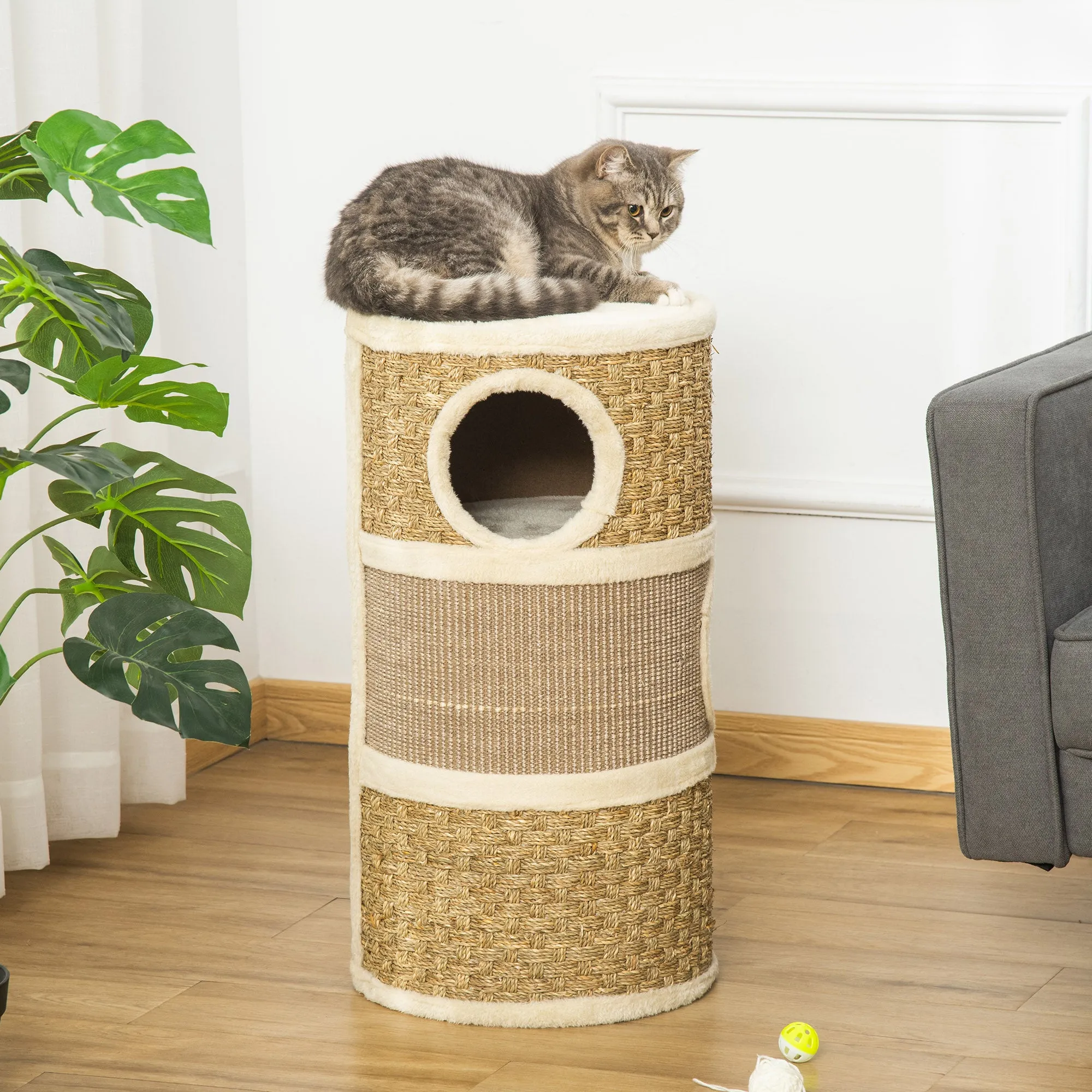 Cat Scratching Barrel Kitten Tree Tower for Indoor Cats Pet Furniture Climbing Frame Covered with Sisal and Seaweed Rope Cozy Platform Soft Plush