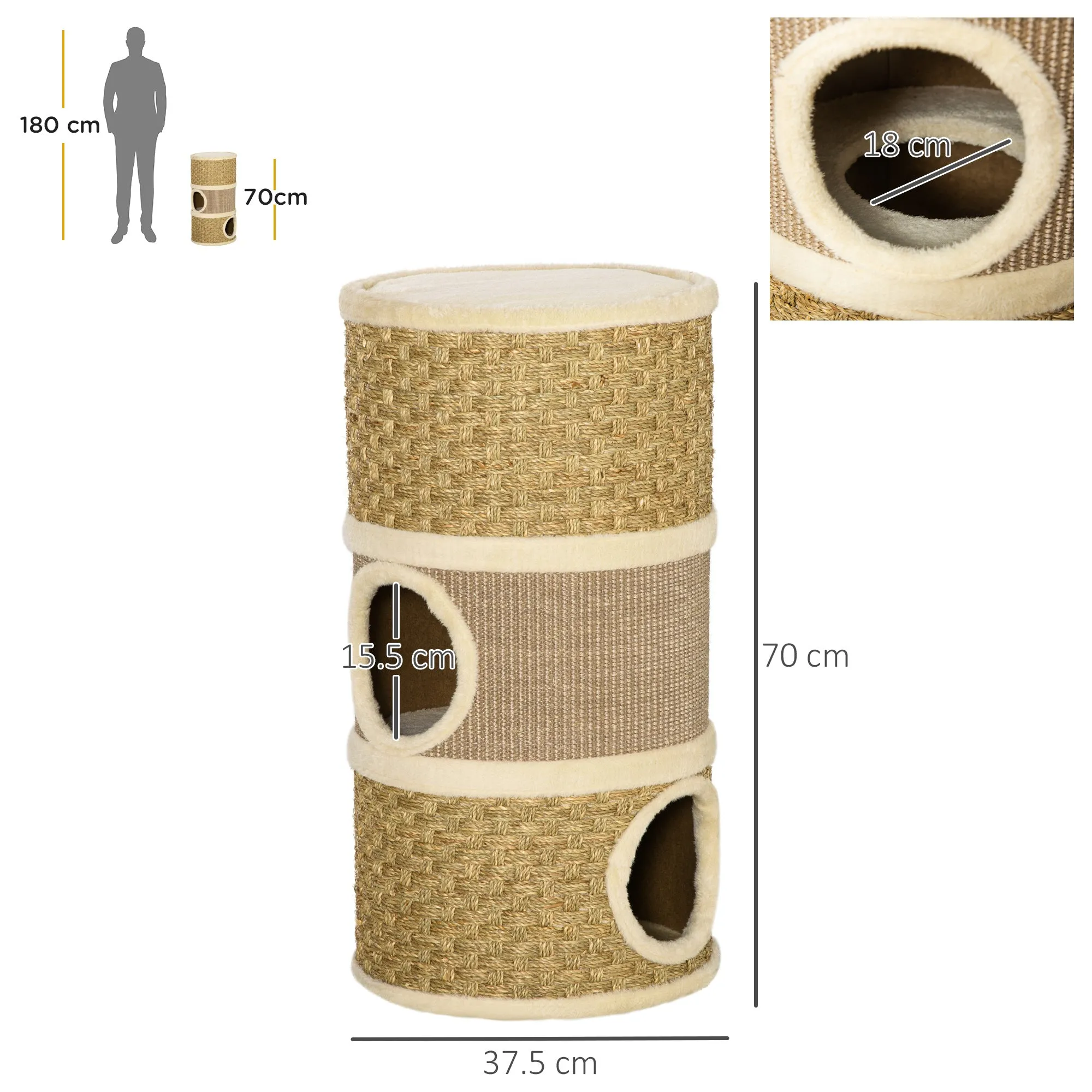 Cat Scratching Barrel Kitten Tree Tower for Indoor Cats Pet Furniture Climbing Frame Covered with Sisal and Seaweed Rope Cozy Platform Soft Plush