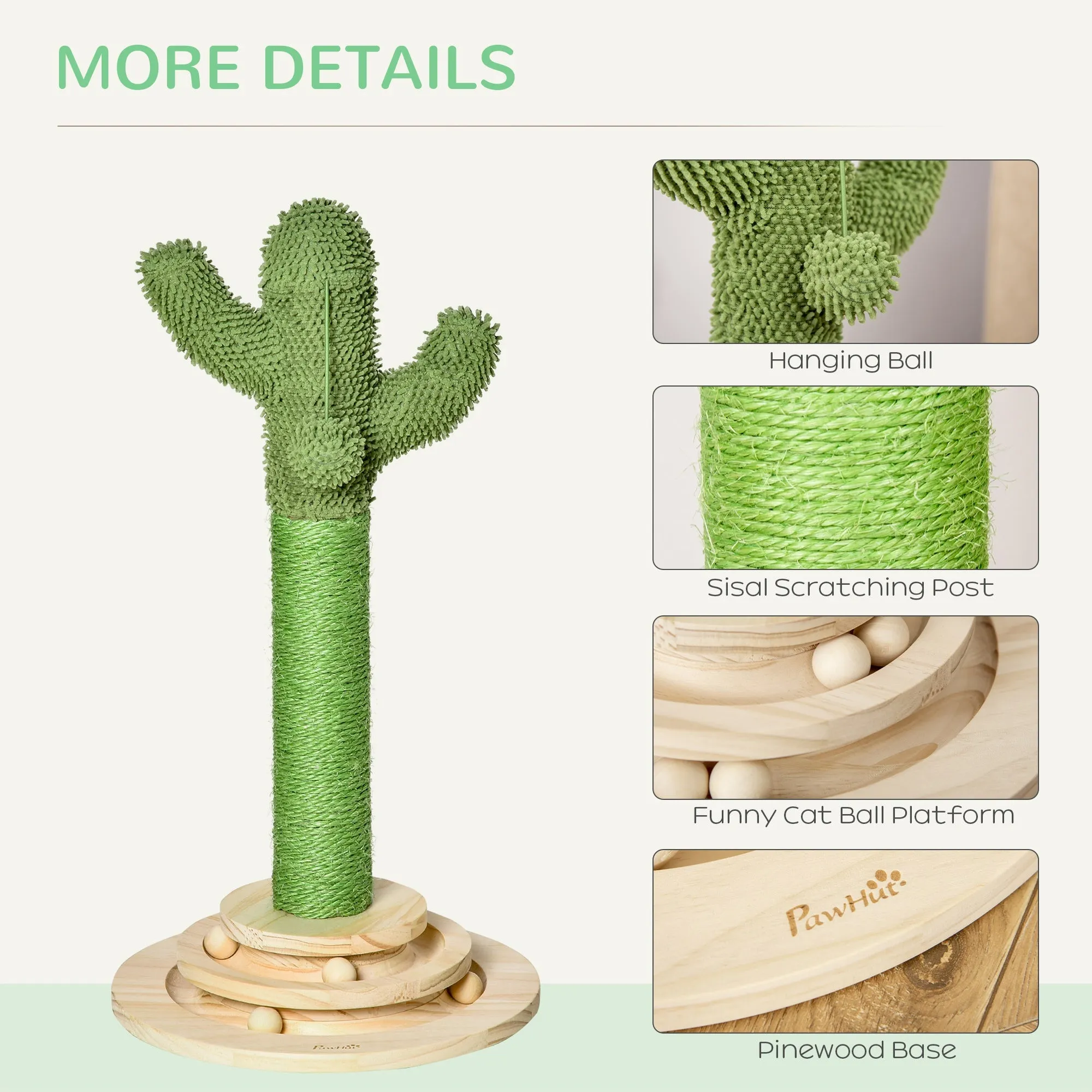 Cat Tree Cactus Sisal Scratching Post for Indoor Cats Play Tower Kitten Furniture with Hanging Ball Interactive Fun Roller Exerciser 32 x 32 x 60cm