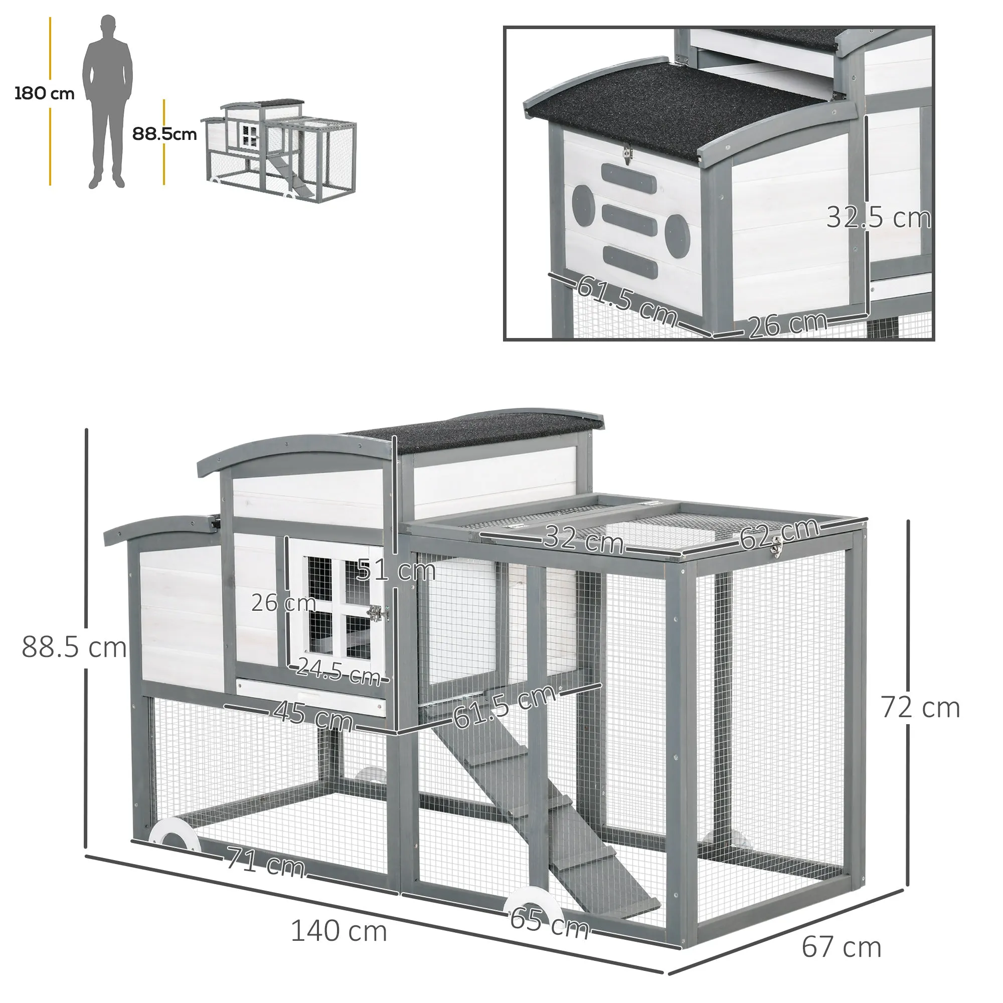 Chicken Coop with Run Hen Rabbit Hutch House Wooden Poultry Cage w/ Nesting Box Removable Tray Openable Roof Outdoor 140 x 67 x 88.5cm