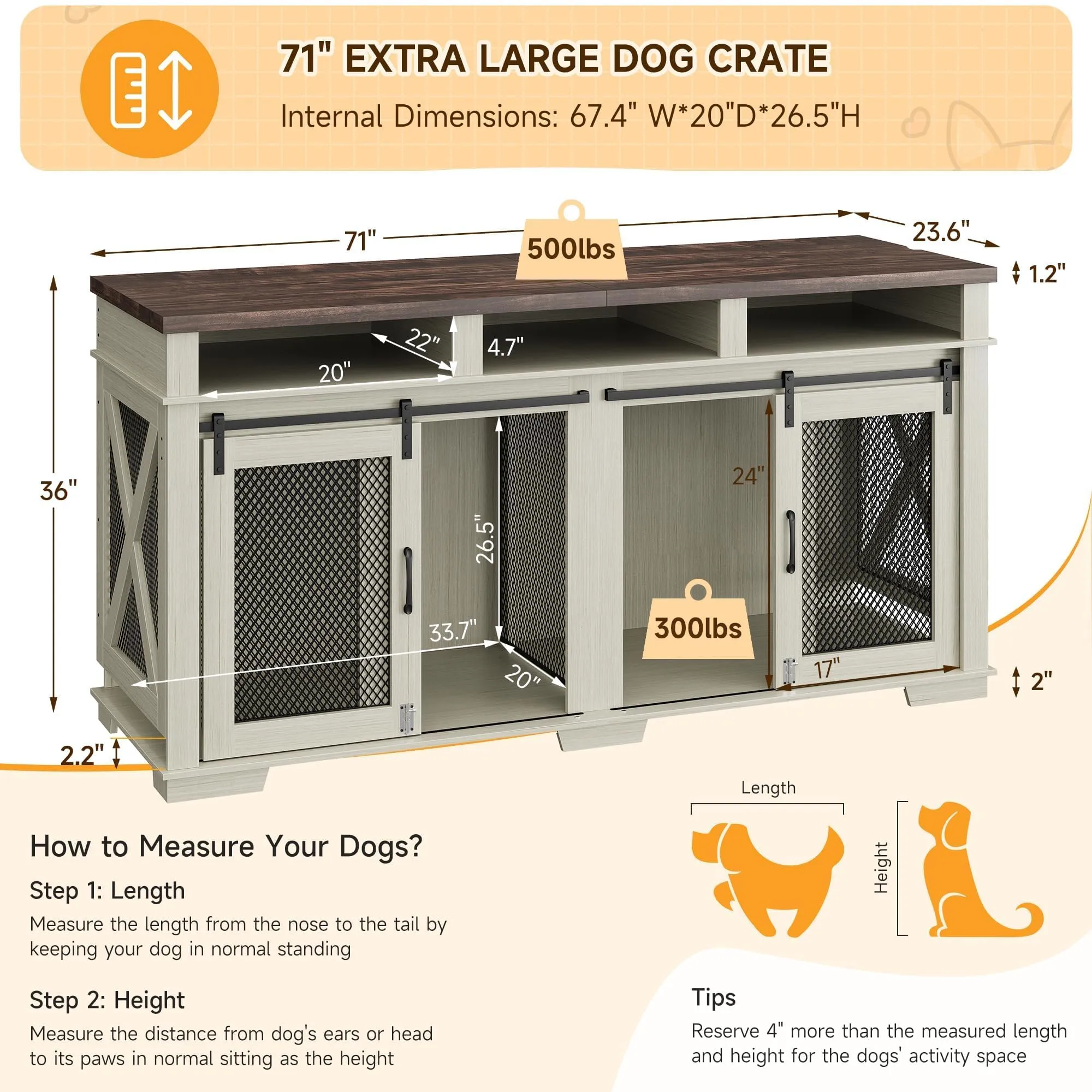 Dog Crate Furniture, 71" Heavy Duty Dog Kennel with 3 Storage Cubby for 2 Dogs, Versatile Dog House with Removable Divider and 2 Sliding Barn Door for Large Dog, White/Dark Walnut