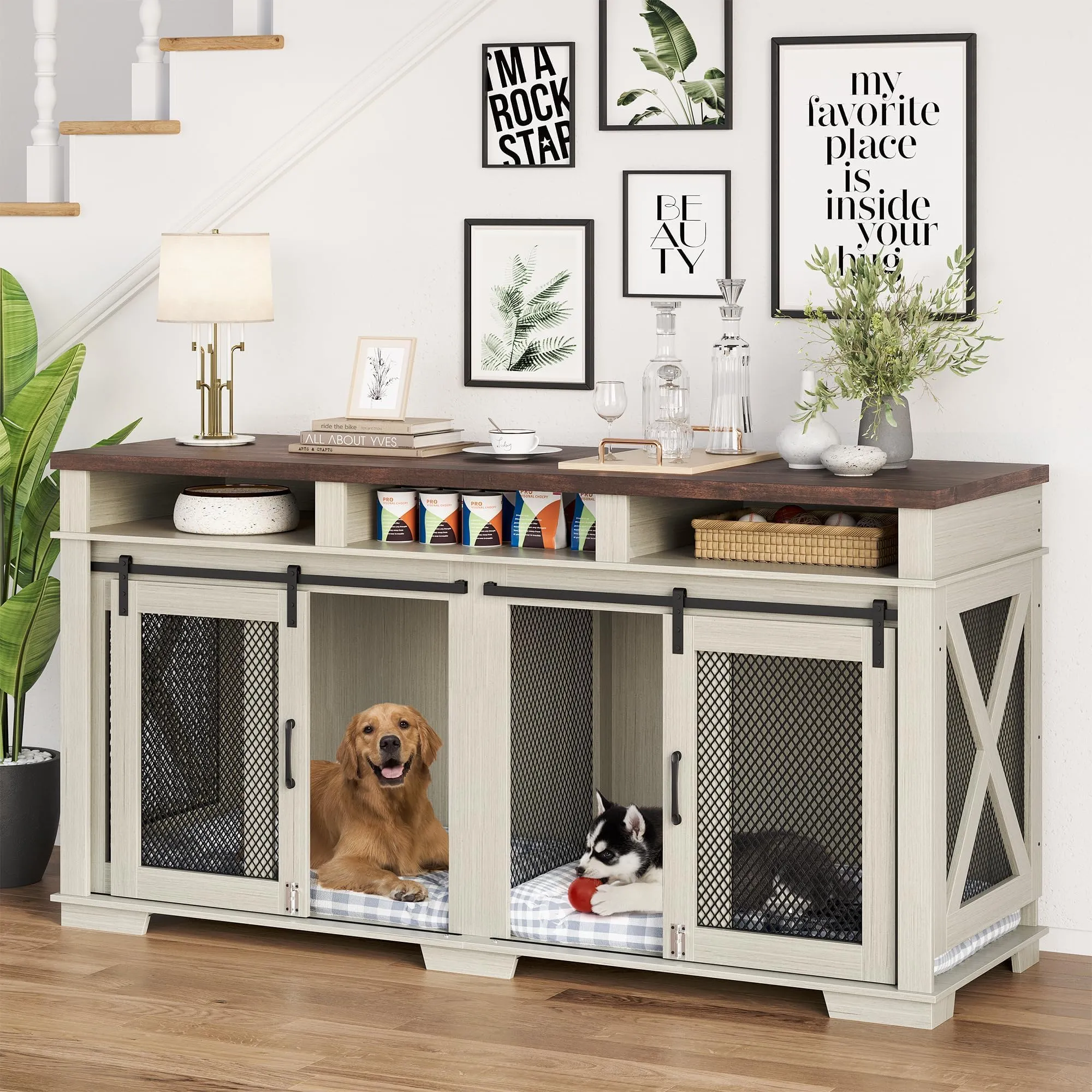 Dog Crate Furniture, 71" Heavy Duty Dog Kennel with 3 Storage Cubby for 2 Dogs, Versatile Dog House with Removable Divider and 2 Sliding Barn Door for Large Dog, White/Dark Walnut