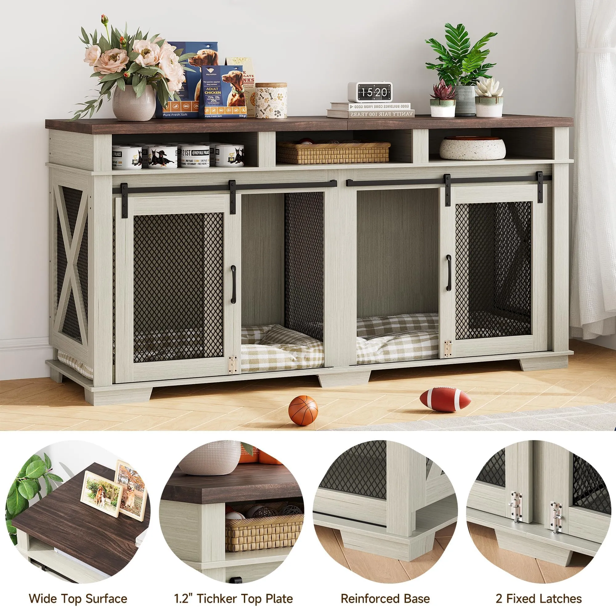 Dog Crate Furniture, 71" Heavy Duty Dog Kennel with 3 Storage Cubby for 2 Dogs, Versatile Dog House with Removable Divider and 2 Sliding Barn Door for Large Dog, White/Dark Walnut