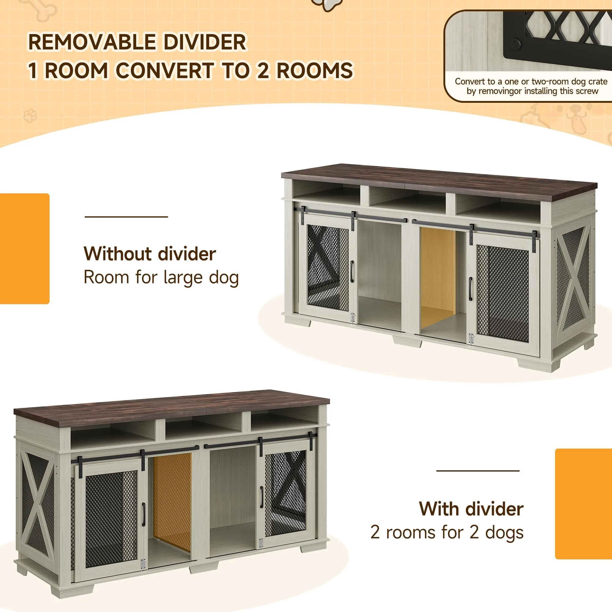 Dog Crate Furniture, 71" Heavy Duty Dog Kennel with 3 Storage Cubby for 2 Dogs, Versatile Dog House with Removable Divider and 2 Sliding Barn Door for Large Dog, White/Dark Walnut