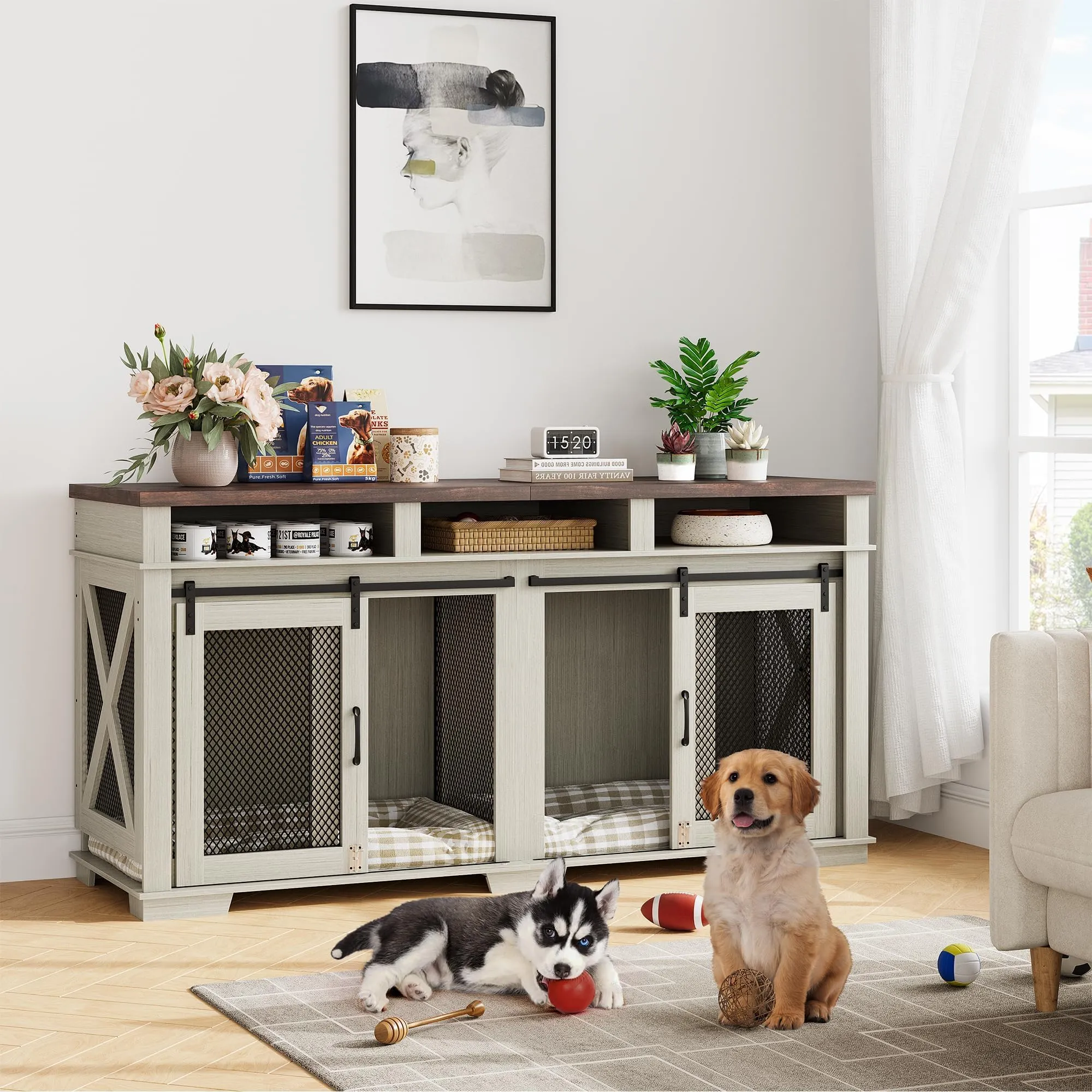 Dog Crate Furniture, 71" Heavy Duty Dog Kennel with 3 Storage Cubby for 2 Dogs, Versatile Dog House with Removable Divider and 2 Sliding Barn Door for Large Dog, White/Dark Walnut