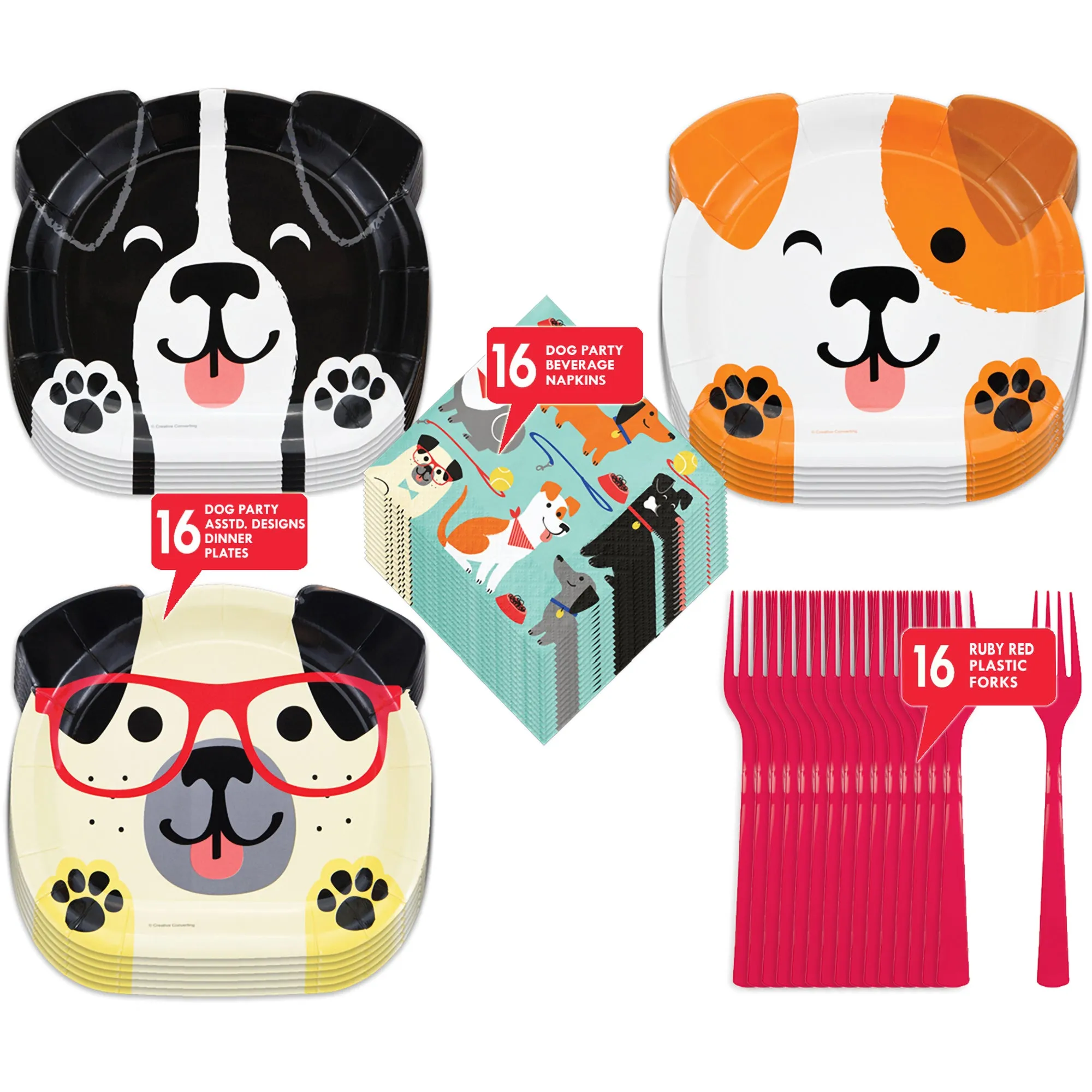 Dog Theme Party Supplies - Puppy Dog Shaped Paper Dinner Plates, Beverage Napkins, and Forks (Serves 16)