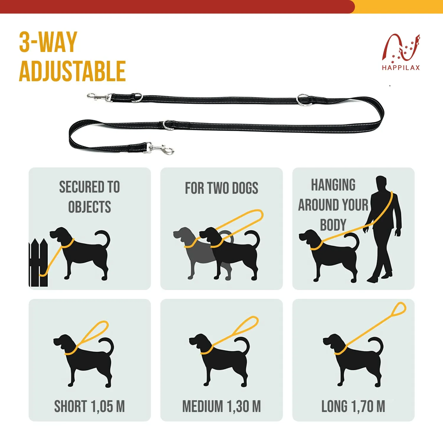 Happilax Dog Leash 6.5 feet Adjustable - Black / Reflective - 3-Position Adjustable Lead