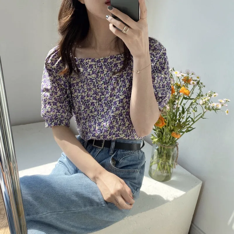 [Korean Style] 3 Color Square Neckline Floral Print Blouse w/ puffy Sleeves