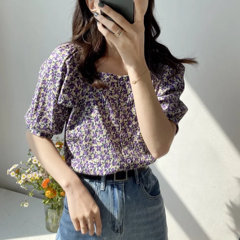 [Korean Style] 3 Color Square Neckline Floral Print Blouse w/ puffy Sleeves