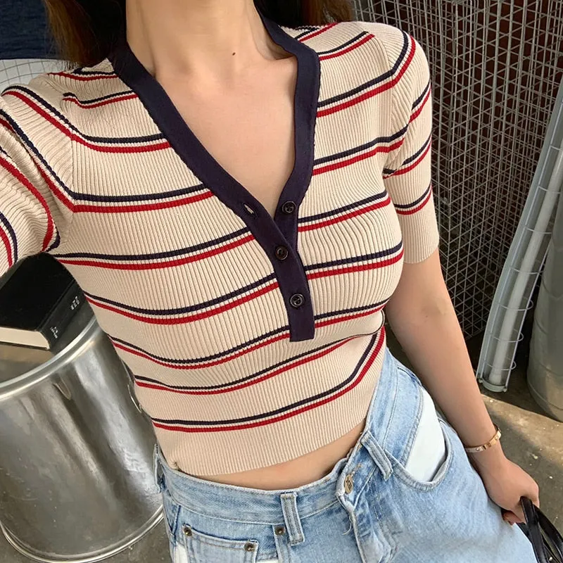 [Korean Style] Hozell V-neckline Stripe Knit Tee