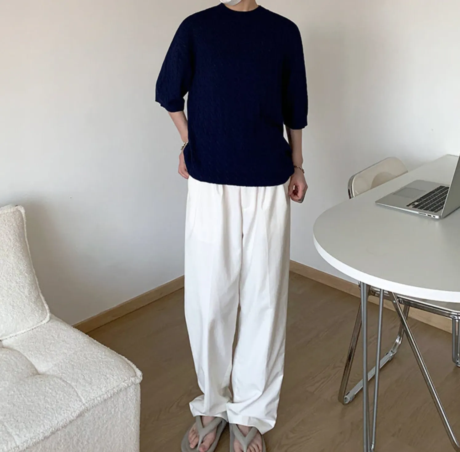 [Korean Style] Khaki / Blue Oversize Knitted T-shirts