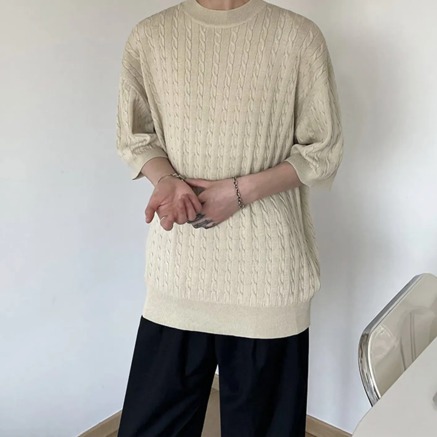 [Korean Style] Khaki / Blue Oversize Knitted T-shirts