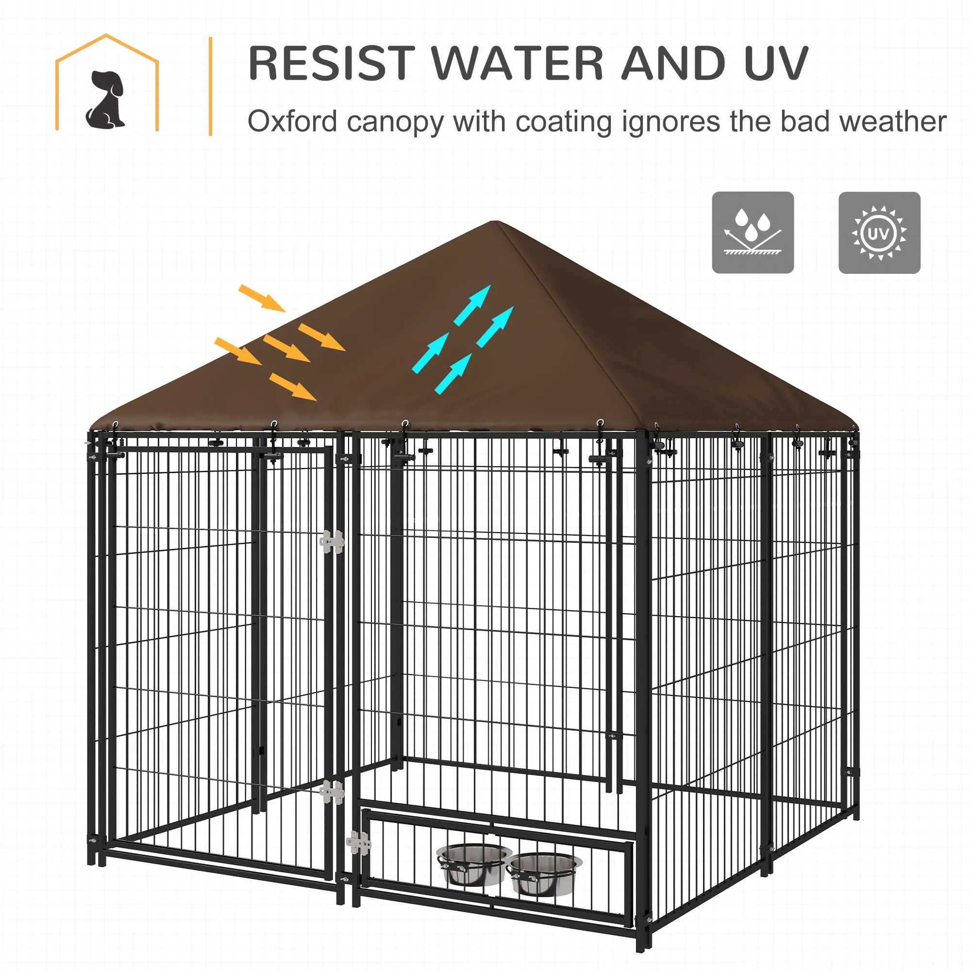 Outdoor Dog Kennel Puppy Play Pen with Canopy Garden Playpen Fence Crate Enclosure Cage Rotating Bowl 141 x 141 x 151 cm