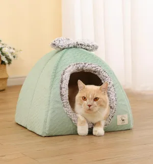 Pet Cave Bed Warm Cat Nest Fleece Bed with Bow for Cat Small Dog