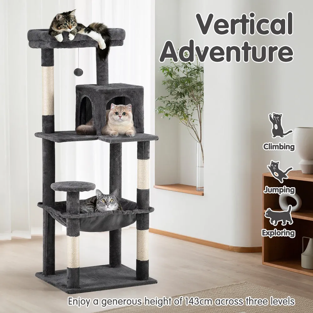 Petzly Cat Tree Tower Scratching Post Scratcher Condo House Bed 142cm Dark Grey