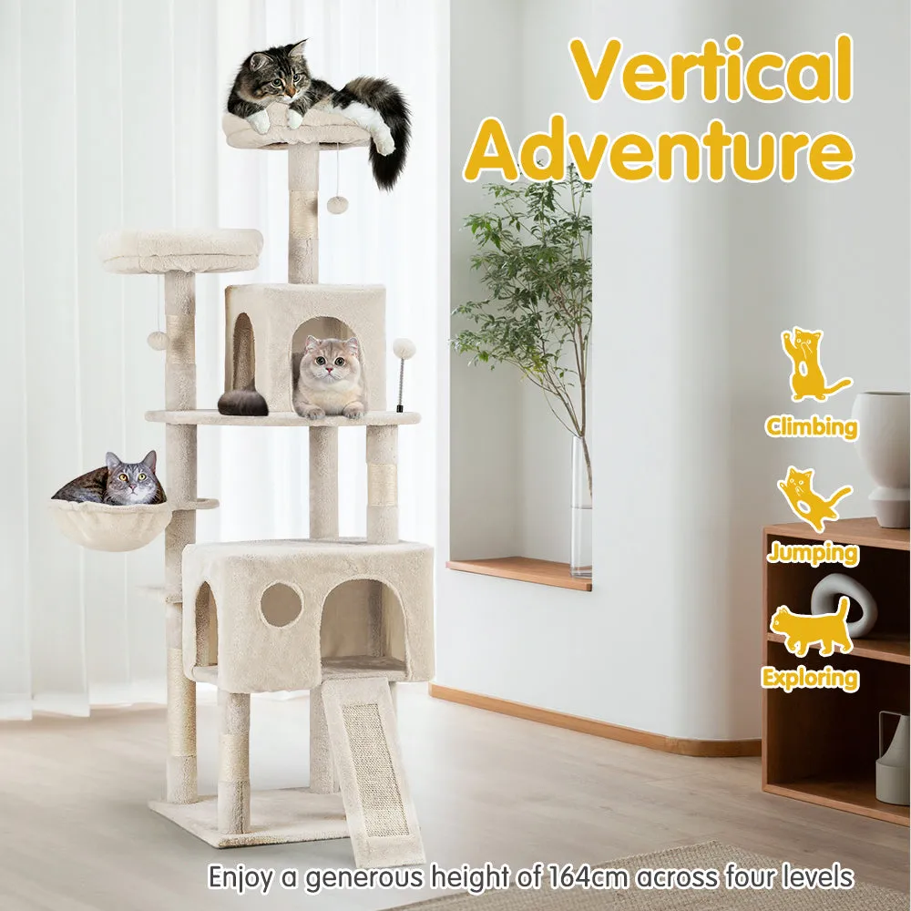 Petzly Cat Tree Tower Scratching Post Scratcher Condo House Bed 164cm Beige/Grey