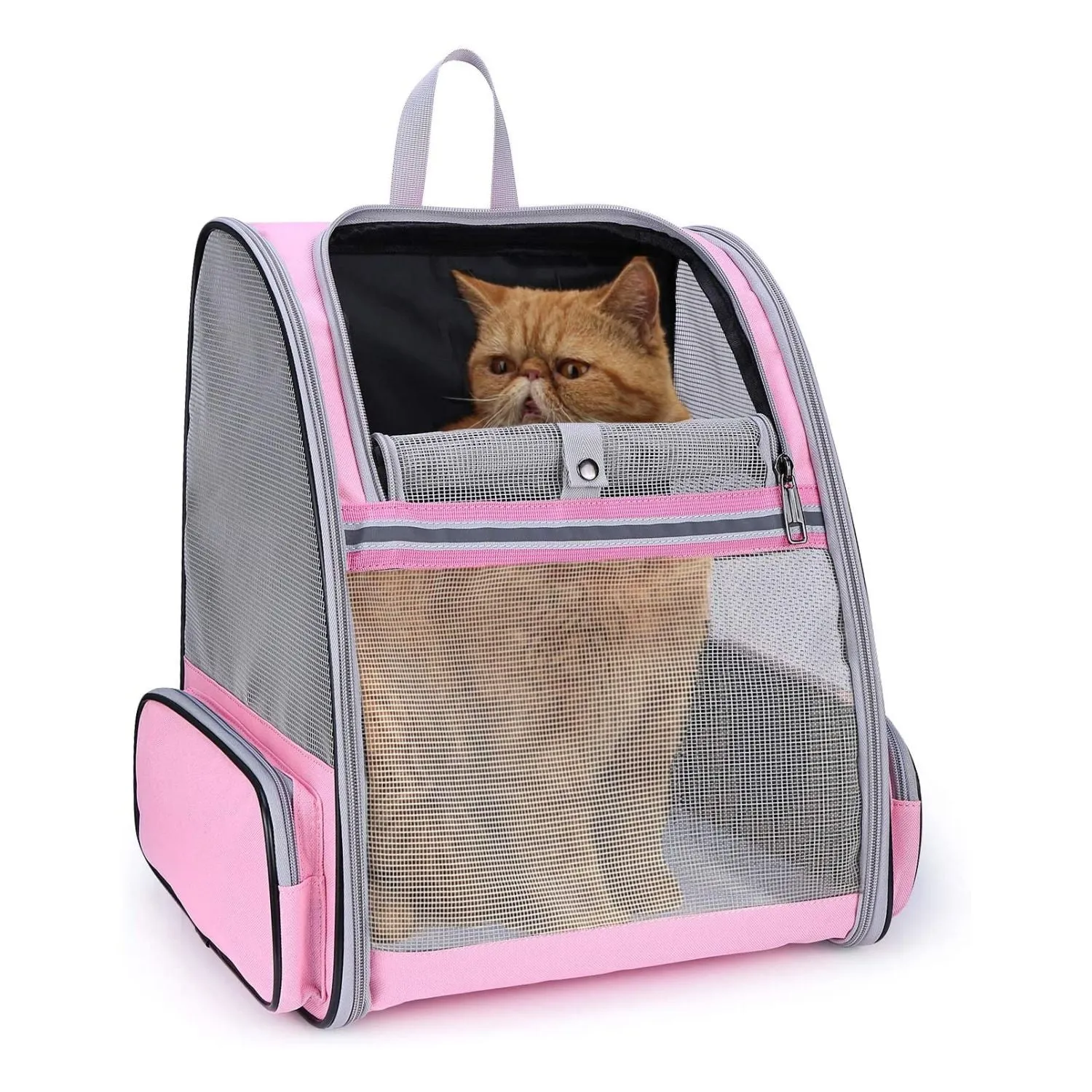 Pink Ventilated Pet Backpack with Pockets, Floofi Model 1