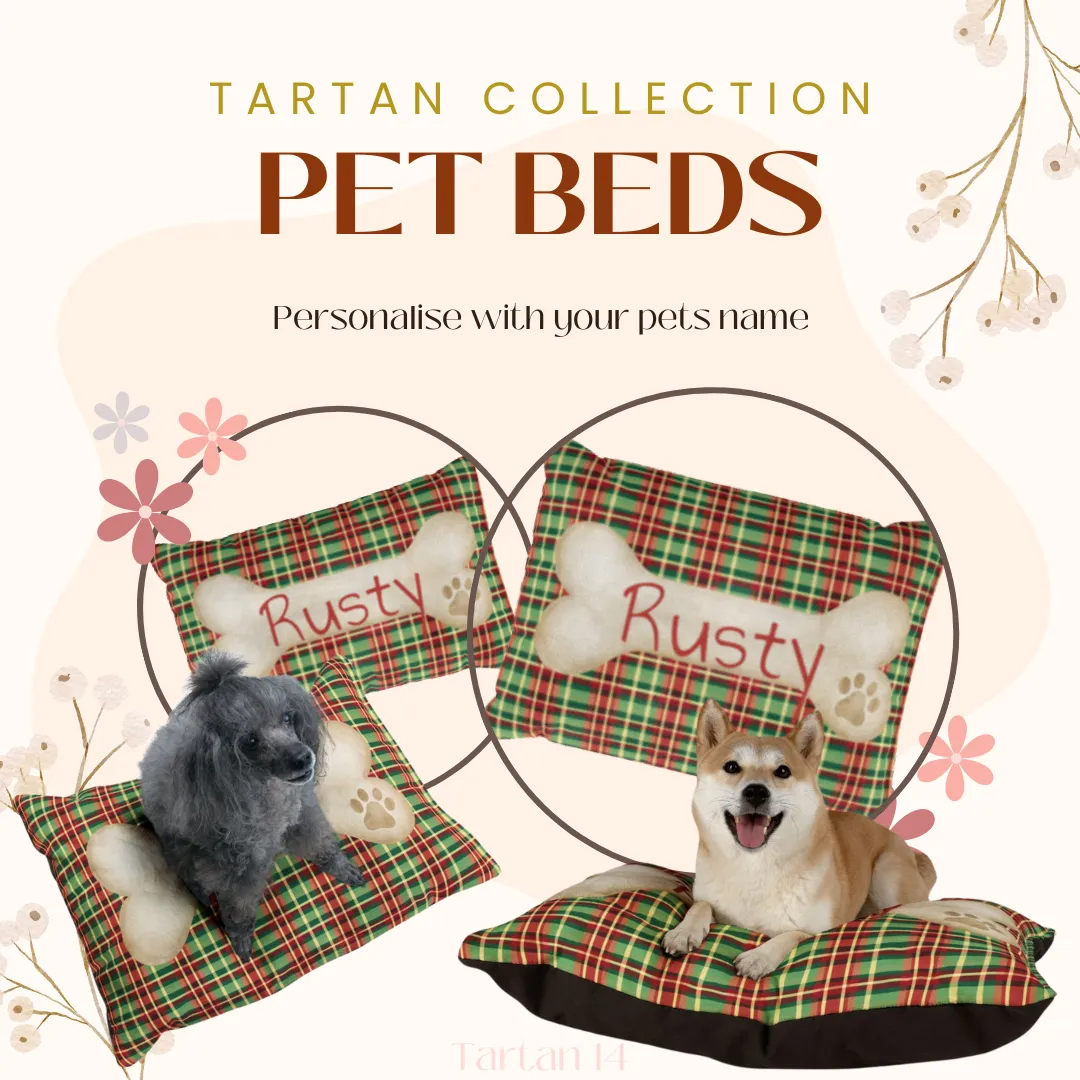 Tartan Collection 14 - Pet Tag Round and Bone Shape, Collar, Bandana, Lead, Dinner Bowl, Pet Bed