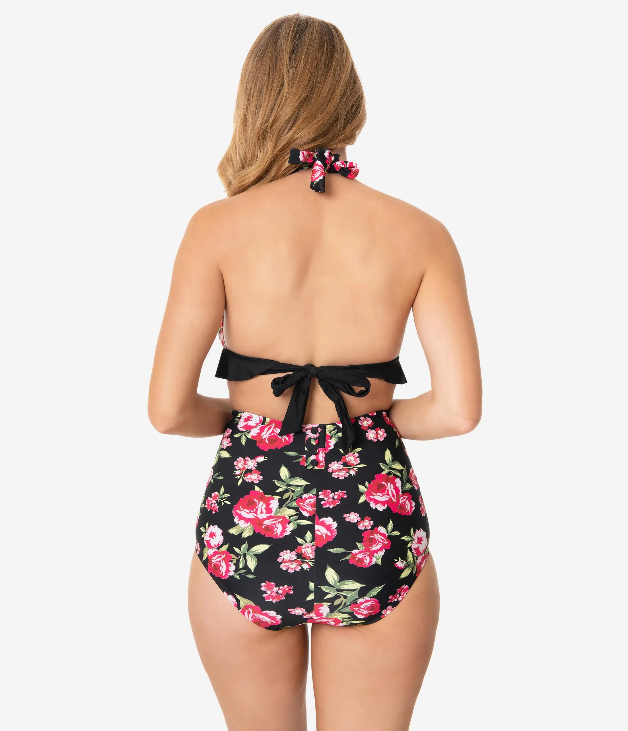 Unique Vintage Black & Pink Floral Ruffle Oceanside Halter Bikini Top