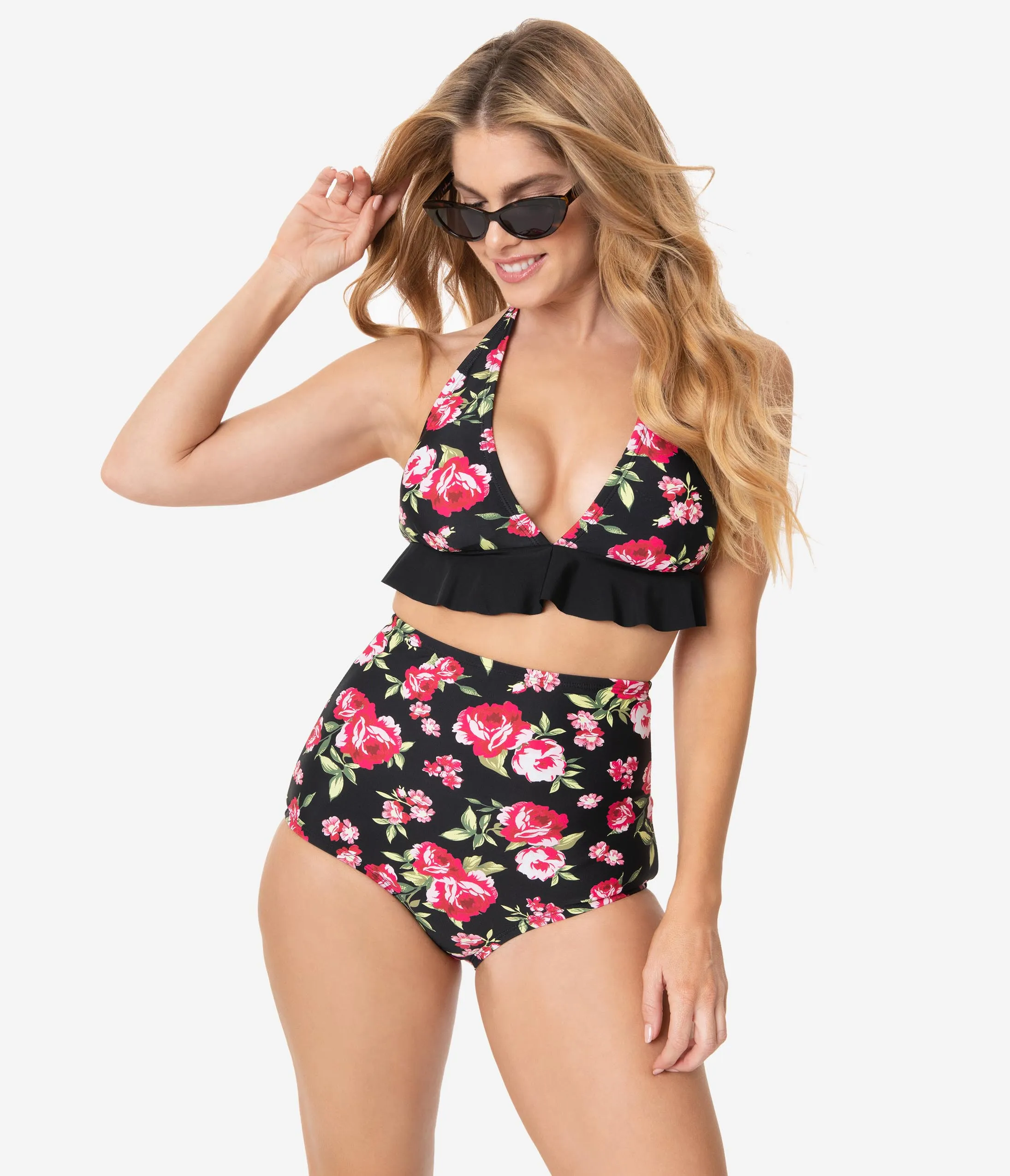 Unique Vintage Black & Pink Floral Ruffle Oceanside Halter Bikini Top