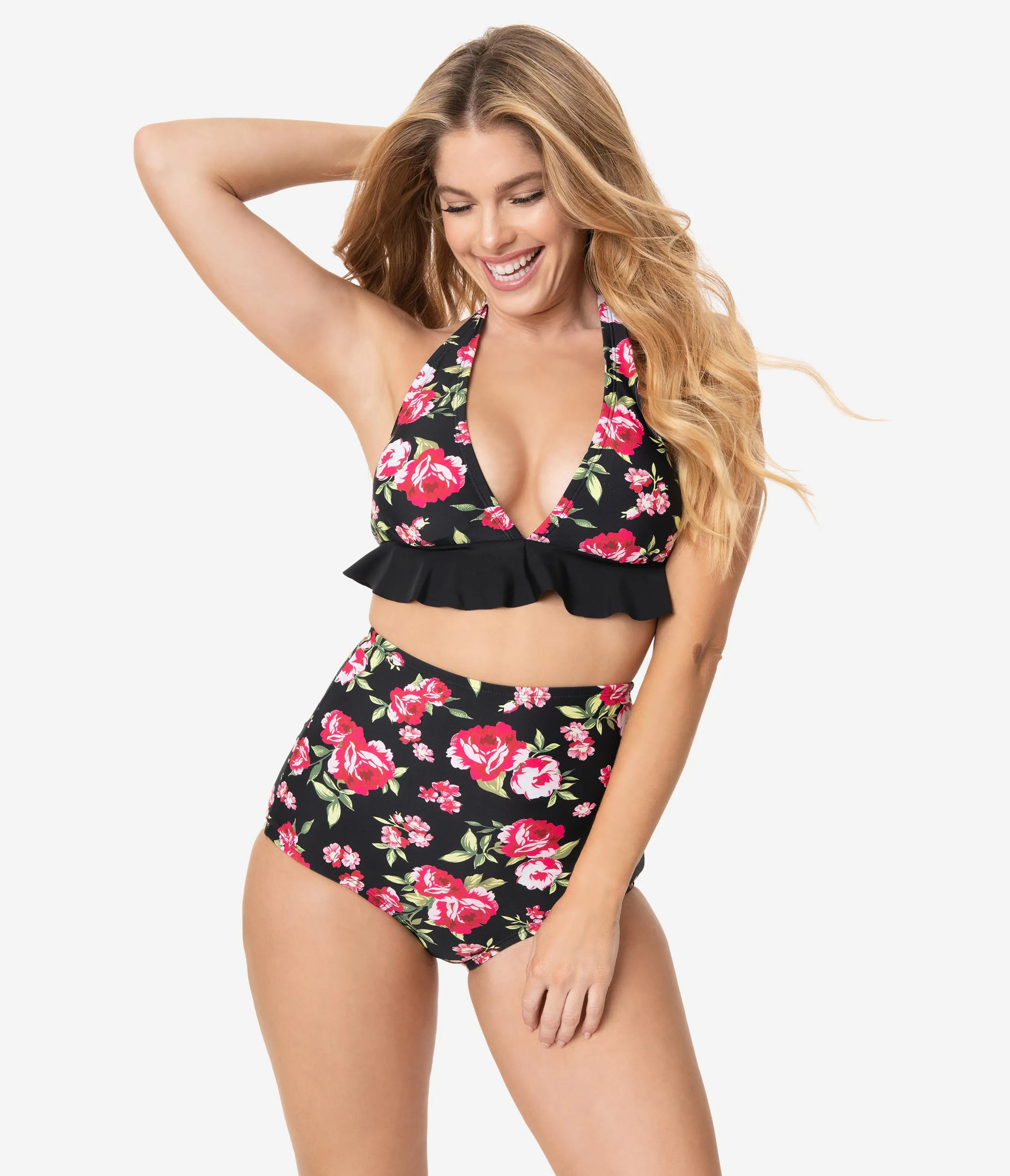 Unique Vintage Black & Pink Floral Ruffle Oceanside Halter Bikini Top