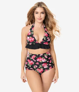 Unique Vintage Black & Pink Floral Ruffle Oceanside Halter Bikini Top